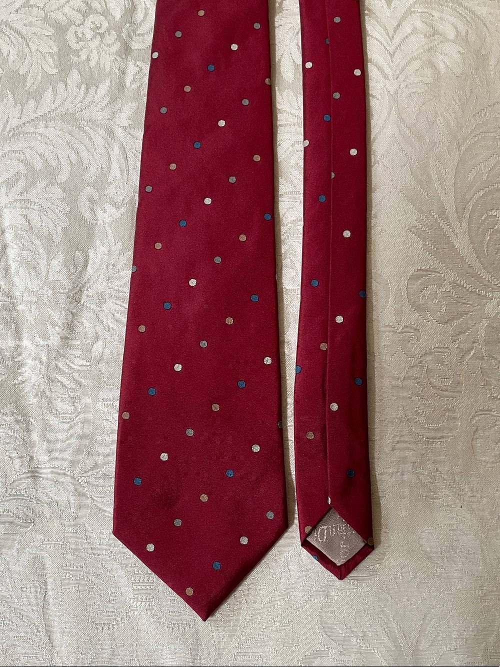 Dior Burgundy Silk Tie with Blue and Silver Dots